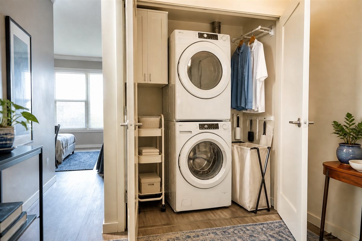 Renter-friendly laundry closet with stacked machines, a slim cart, hanging rail, and foldable hamper.