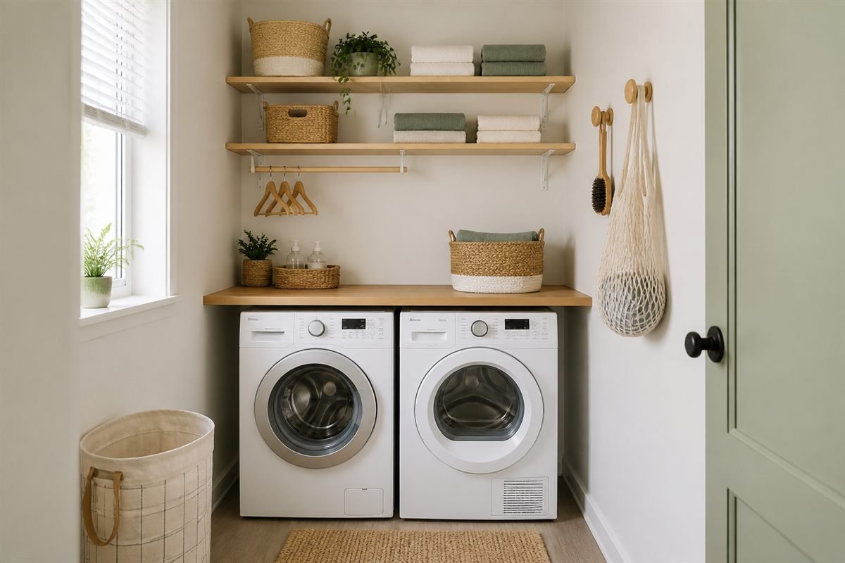 Small laundry room using shelves, a hanging rail, and a removable counter for vertical storage.