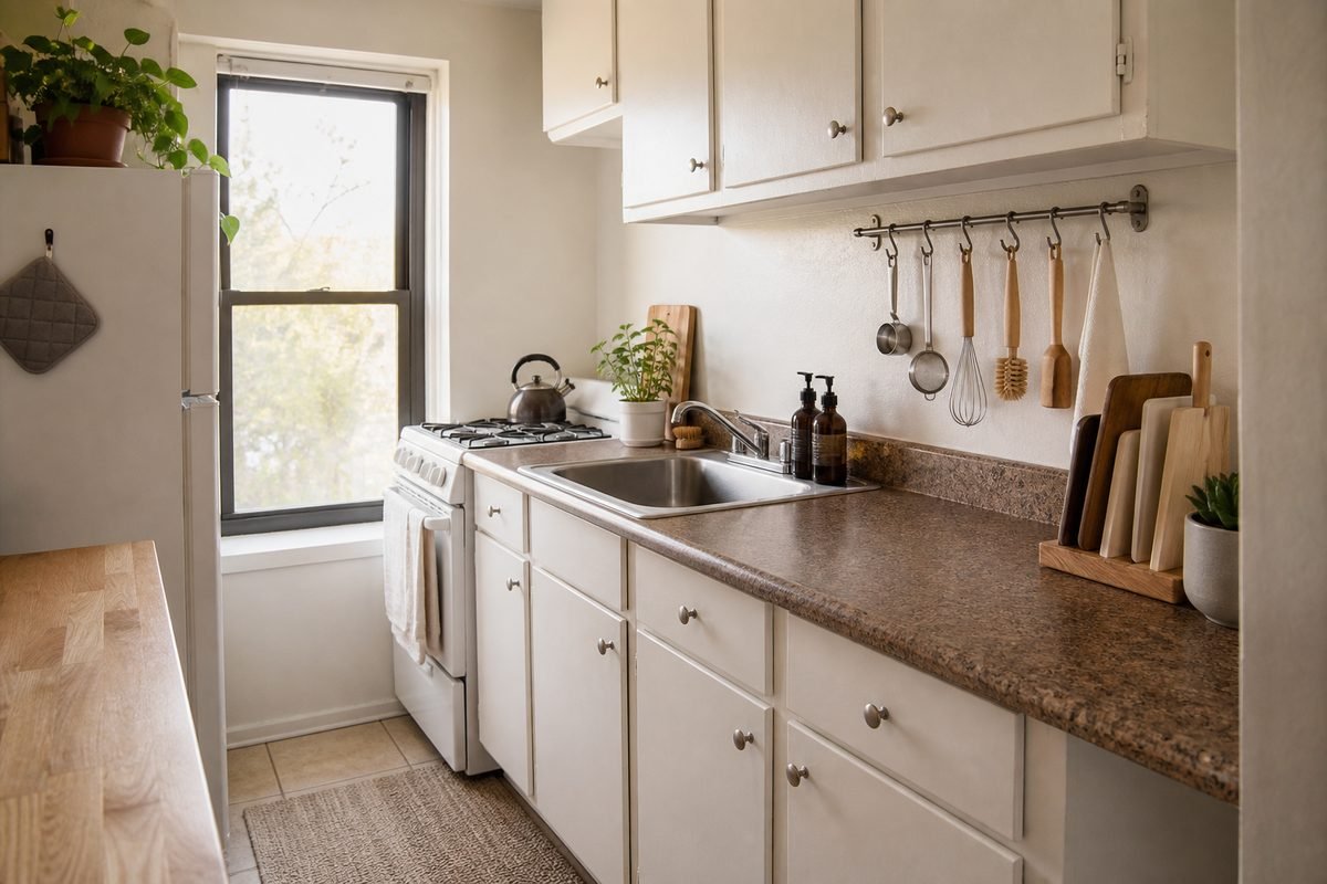 Small renter kitchen with a clear counter, wall rail, and closed storage that reduces visual clutter.