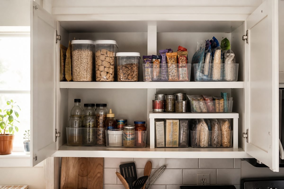 Upper kitchen cabinet organized into simple food zones with shallow bins and shelf risers.